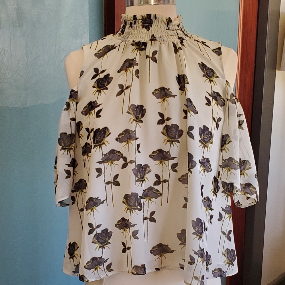 Rachel Roy Peak-A-Boo Shoulder, Mock Turtleneck Rose Chiffon Blouse Size S